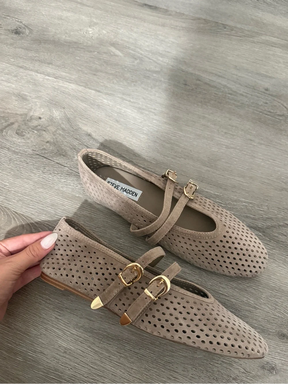 Steve Madden Taupe Perforated Double Buckle Flats